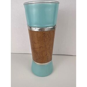 Vintage 60s Siesta Ware Tiki Blue Frosted glass Walnut Wood Wrap Benner Glass